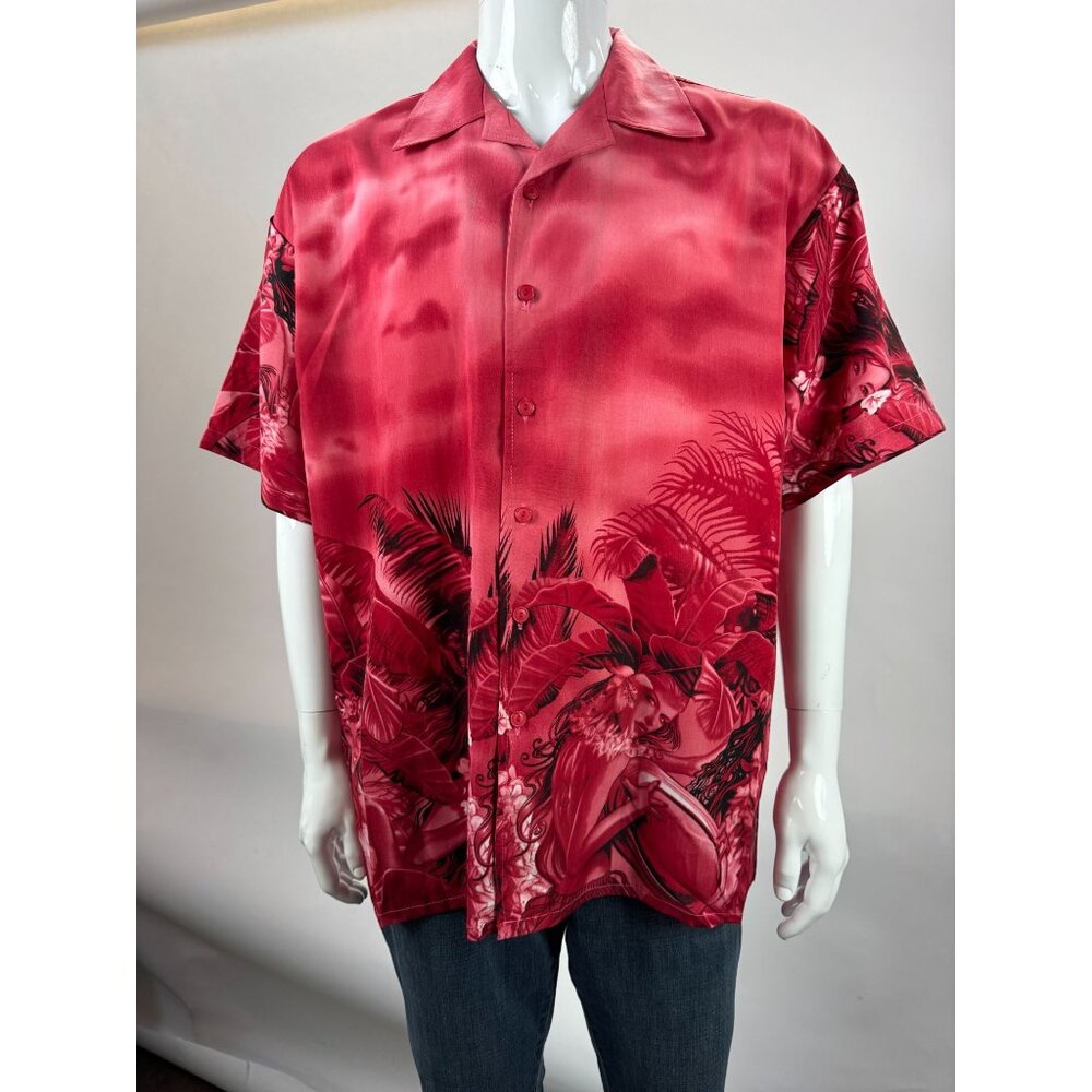 L.A. Beat Hawaiian Shirt Red Tropical Tiki Print Short Sleeve Button-Down L